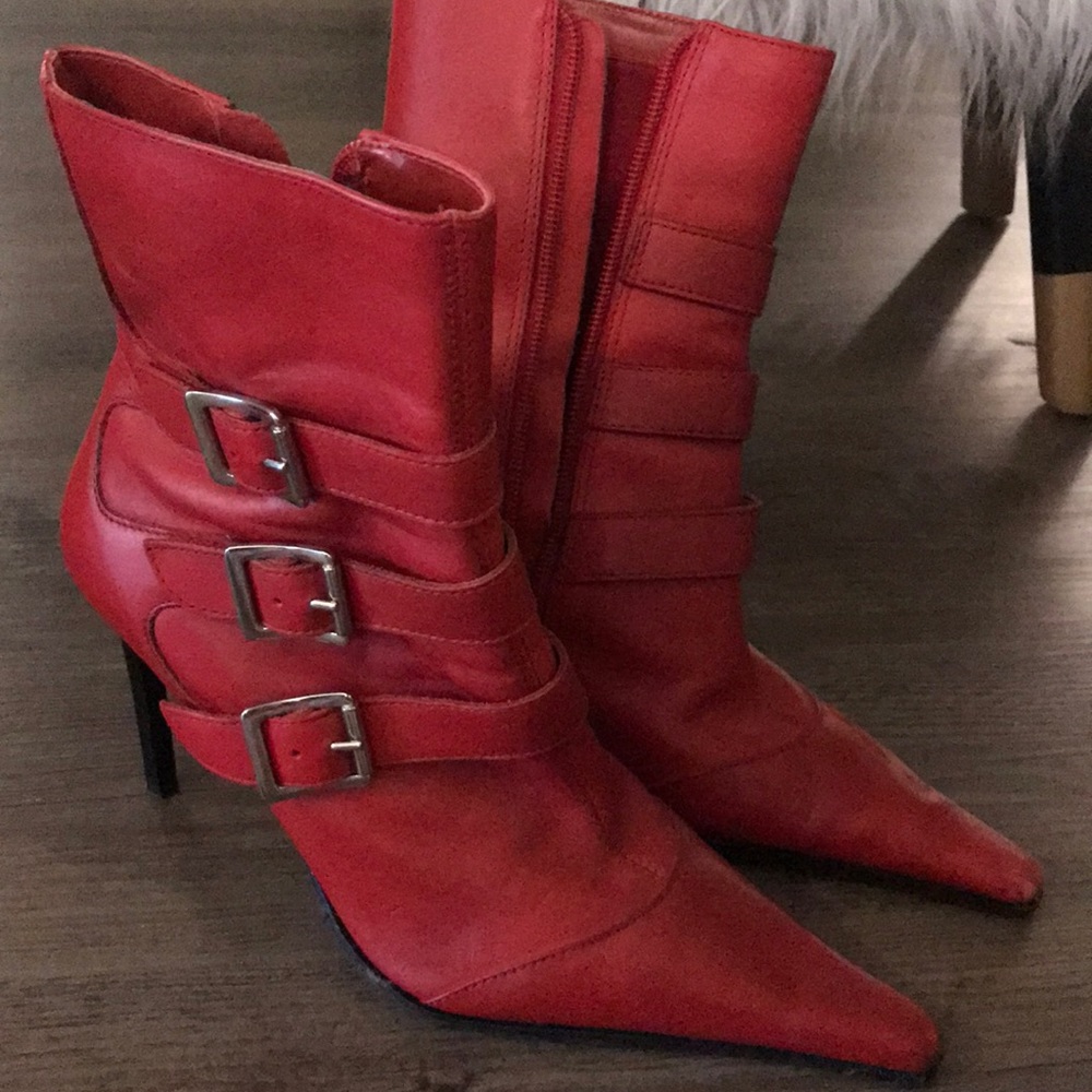Red stiletto buckle boots 7